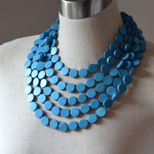 turquoise blue wood multi strand chunky coin shaped bead 5 strand necklace with lobster claw clasp and extender chain