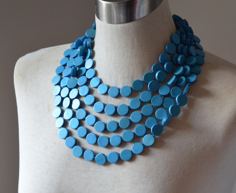 turquoise blue wood multi strand chunky coin shaped bead 5 strand necklace with lobster claw clasp and extender chain