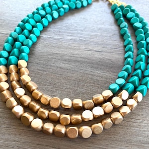 Turquoise Green Gold Statement Necklace, Wood Chunky Necklace, Multi Strand Necklace, Gift For Her - Lisa