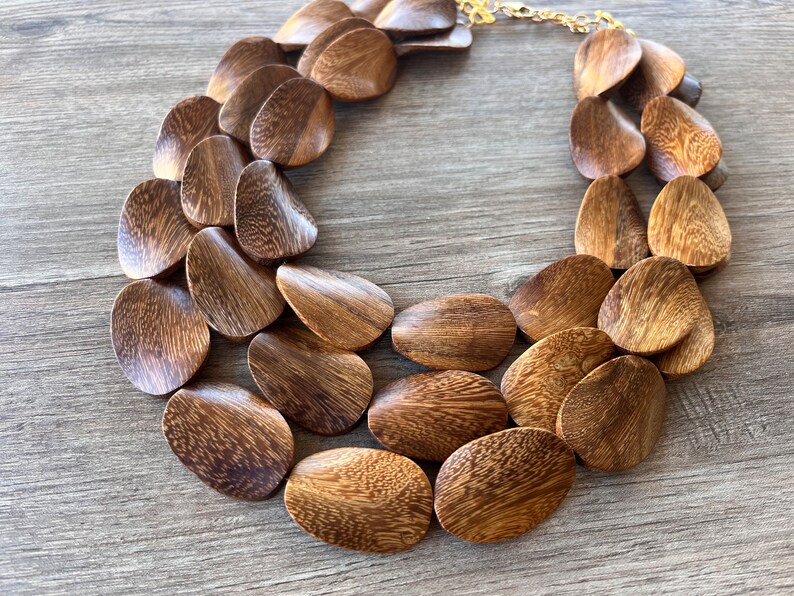 brown oval wood big bead multi strand necklace