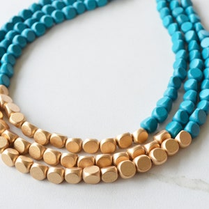 Teal Gold Statement Necklace, Wood Bead Necklace, Chunky Necklace, Gift For Her - Lisa