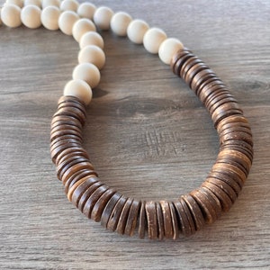 White Brown Statement Necklace, Long Wood Necklace, Chunky Bead Necklace, Gift For Her - Elena