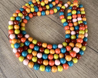 Multi Color Fall Acrylic Statement Necklace, Chunky Bead Necklace, Statement Jewelry  - Alana