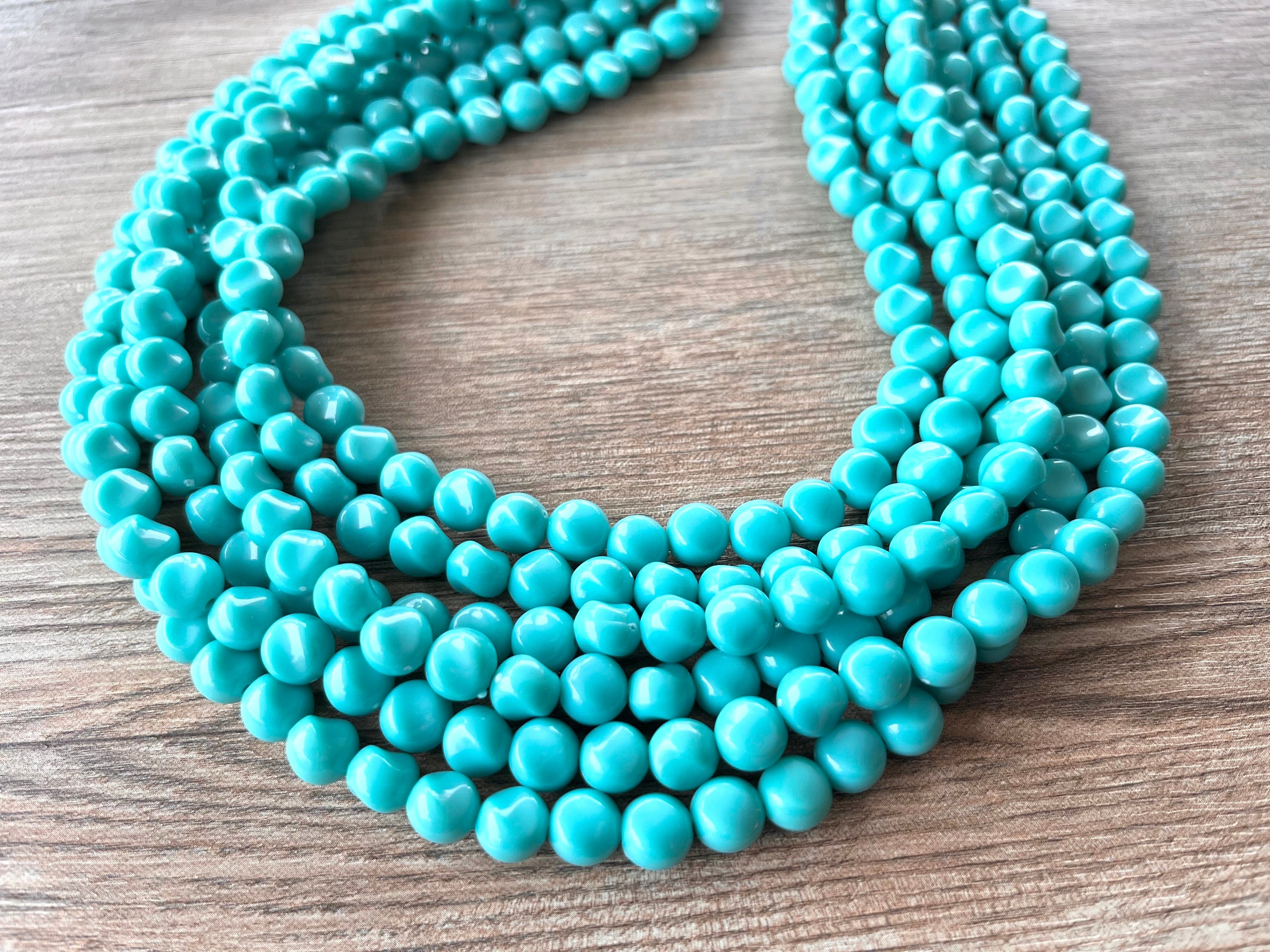 Turquoise Blue Beaded Acrylic Statement Necklace, Multi Strand, Chunky…