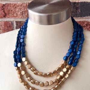Blue Gold Wood Beaded Multi Strand Statement Necklace - Lisa image 2