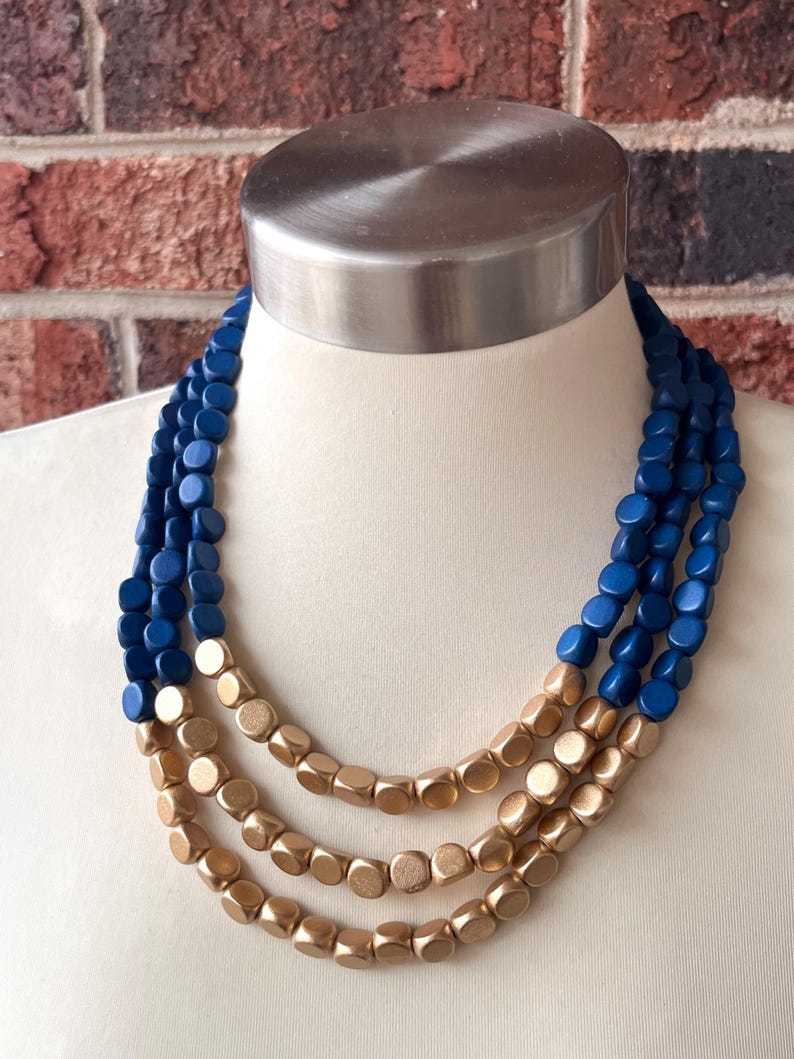 Blue Gold Wood Beaded Multi Strand Statement Necklace - Lisa image 2