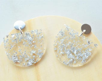 Clear Silver Glitter Acrylic Statement Dangle Earrings - Nora