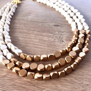 White Gold Statement Necklace, Wood Bead Necklace, Multi Strand Necklace, Gift For Her - Lisa