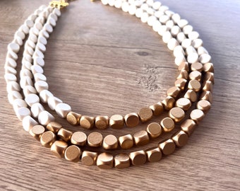 White Gold Wood Beaded Statement Necklace, Multi Strand Necklace - Lisa