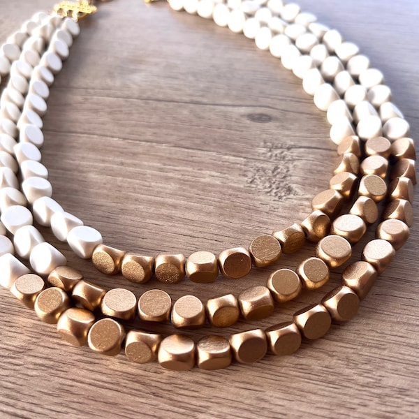 White Gold Wood Beaded Statement Necklace, Multi Strand Necklace - Lisa
