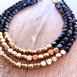Black Gold Statement Necklace, Beaded Wood Necklace, Chunky Necklace, Gifts For Her - Lisa
