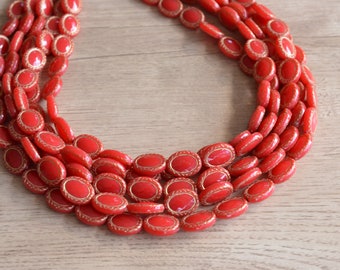 Red Gold Statement Necklace, Acrylic Bead Necklace, Chunky Multi Strand Necklace - Ava