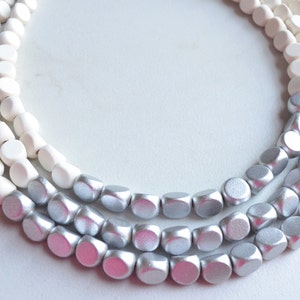 White Silver Statement Necklace, Wood Bead Necklace, Chunky Multi Strand, Gift For Her - Lisa