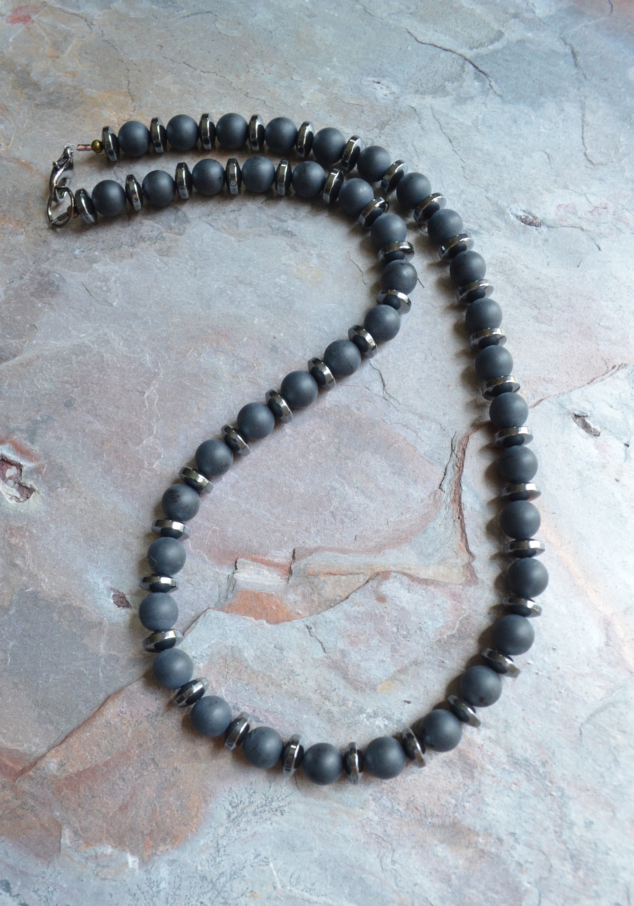 Black Mens Necklace Beaded Necklace Hematite Necklace Stone Etsy