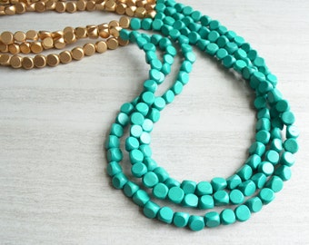 Green Gold Statement Necklace Long Beaded Necklace Wood Multi Strand Necklace - Jenna