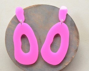 Hot Pink Statement Earrings, Lucite Big Earrings, Acrylic Large Earrings - Sylvia