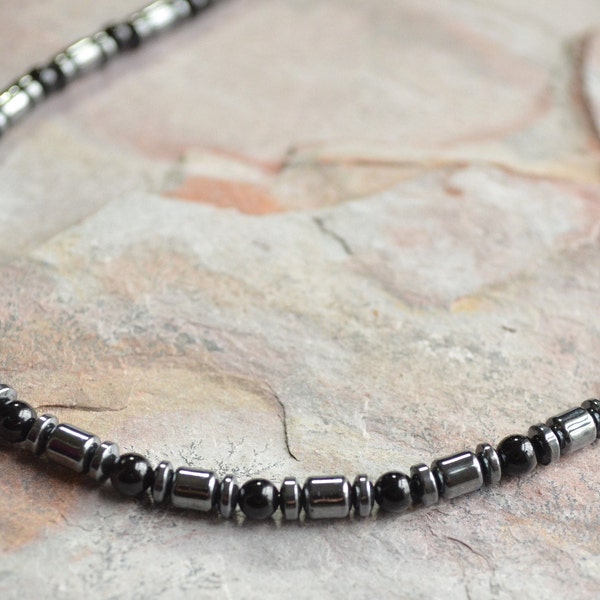 Black Mens Necklace, Hematite Necklace, Stone Necklace, Beaded Necklace, Mens Jewelry, Gift For Him - Collins