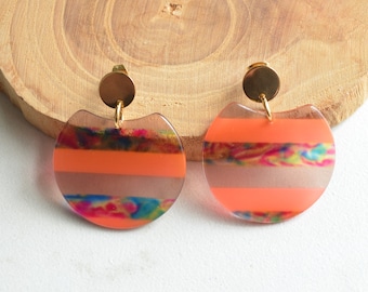 Coral Statement Earrings, Lucite Big Earrings, Colorful Acrylic Earrings, Striped Earrings, Gift For Her - Hanna