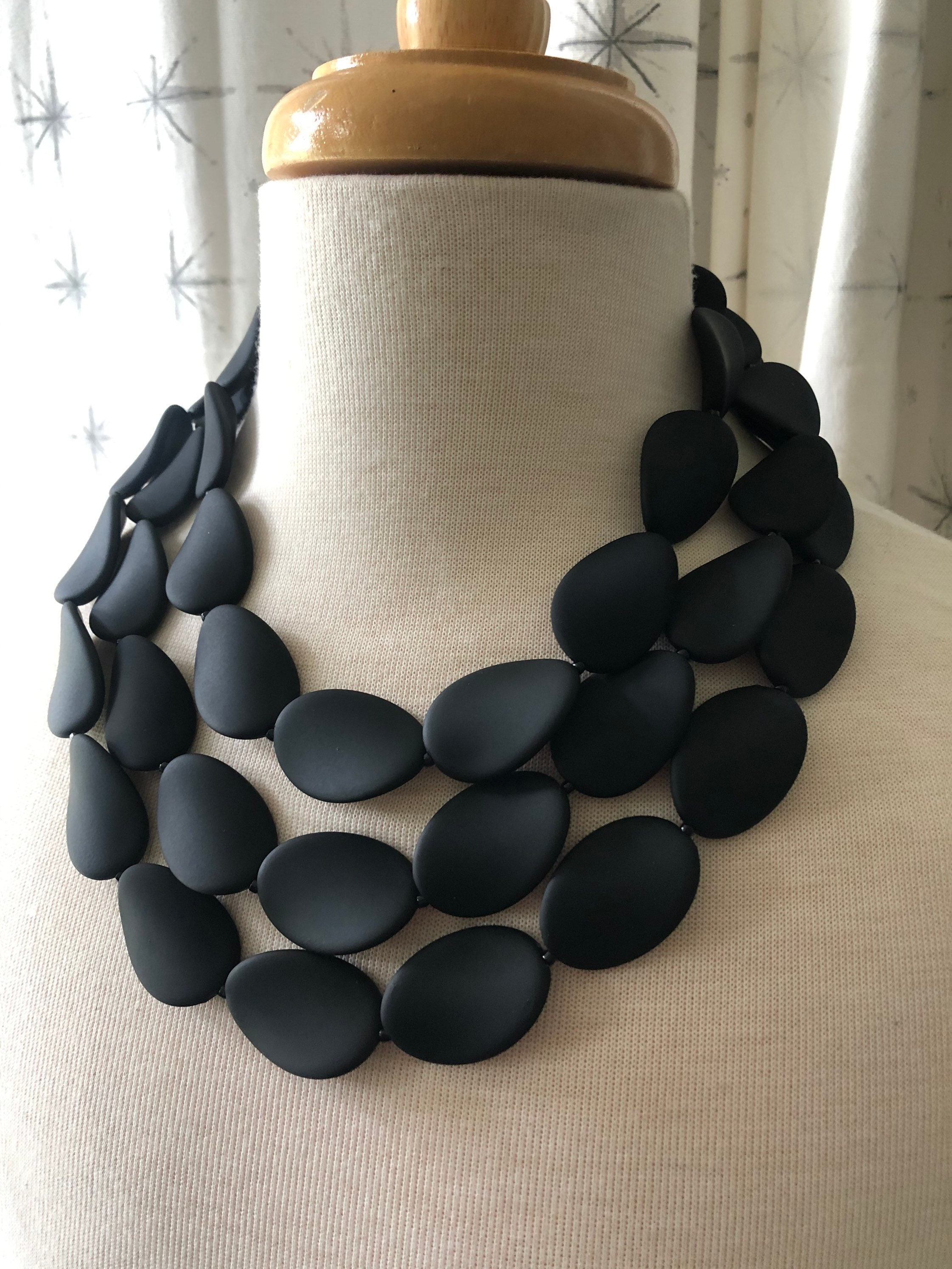 Black Statement Necklace Rubber Beaded Necklace Multi Strand Etsy