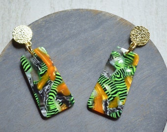 Green Yellow Statement Earrings, Lucite Big Earrings, Acrylic Large Earrings, Gift For Her - Nevaeh