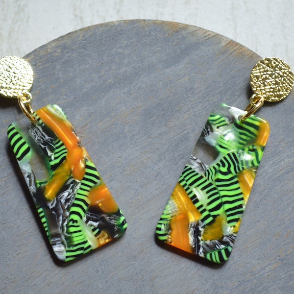 Green Yellow Statement Earrings, Lucite Big Earrings, Acrylic Large Earrings, Gift For Her - Nevaeh