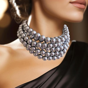 Silver Choker Matte Big Bead Statement Necklace, Chunky Multi Strand Necklace - Alana