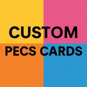 Puede incluir: Imagen de un diseño cuadrado colorido con las palabras "CUSTOM PECS CARDS" en negrita negra. El fondo está dividido en cuatro cuadrados: amarillo, rosa, naranja y azul.