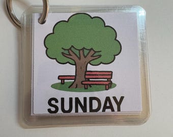 May include: A keychain with a clear plastic holder containing a card with a cartoon illustration of a tree, park bench, and the word "SUNDAY" in black letters. The tree has a green crown and brown trunk.