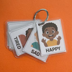 PEC-leerkaarten in zakformaat aan sleutelhanger: emoties, logopedisch hulpmiddel, peuters en kinderen. Communicatie via beelduitwisseling