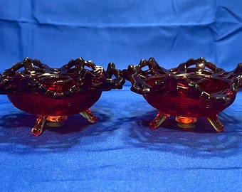 Vtg. Fenton Glass 1930’s-1950’s Ruby Red-Amberina Glass Basket Weave Three Footed Taper Candlestick Holders