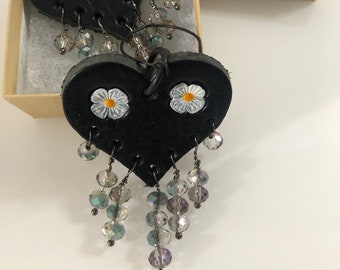 AfroPuff™ Leather Heart Swarovski Crystal Dangle Earrings