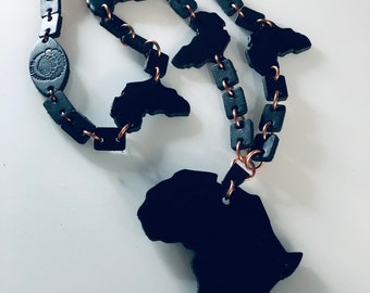 Black Leather Copper Link Africa Necklace