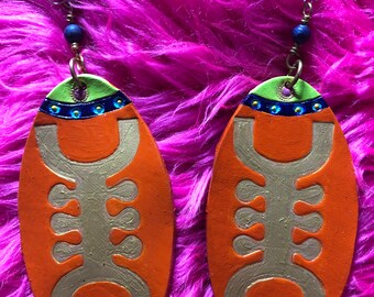 Andinkra Osidan Power of The Creator Orange and Gold Leather Oval Earrings.