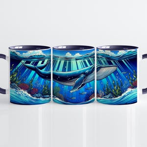 Ceramiczny kubek z błękitnym wielorybem | Majestatyczny prezent dla miłośnika ssaków morskich | Naczynia do napojów Ocean Life | Wystrój kuchni w stylu nadmorskim | Najlepszy prezent marynistyczny