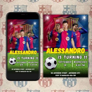 Barcelona birthday invitation with Lewandowski, Raphinha, and Lamine Yamal, editable digital template, football party, Barcelona.