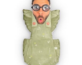 Personalized Photo Pillow, Custom Face Pillow, Funny Face Pillow, Present for Him or Her, Baby green girl overalls.