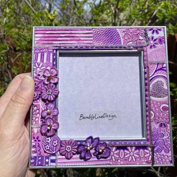 Taylor Swift Inspired “Lavender Haze” Floral Polymer Clay Handmade Hand Painted Tile Mosaic Frame for 4x4 photo Using and Upcycled Frame