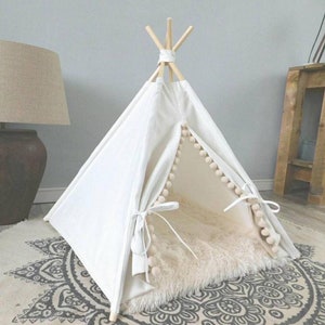 Pet Tepee Tent, white, Pet Bed suitable for cats and dogs incl faux fur cushion