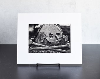 Black and White Cemetery Headstone Skull and Crossbones Art Print