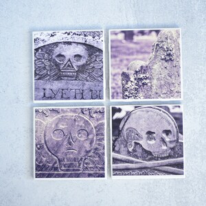 Cemetery Headstone Skull Photo Coasters, set of 4