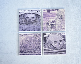 Cemetery Headstone Skull Photo Coasters, set of 4