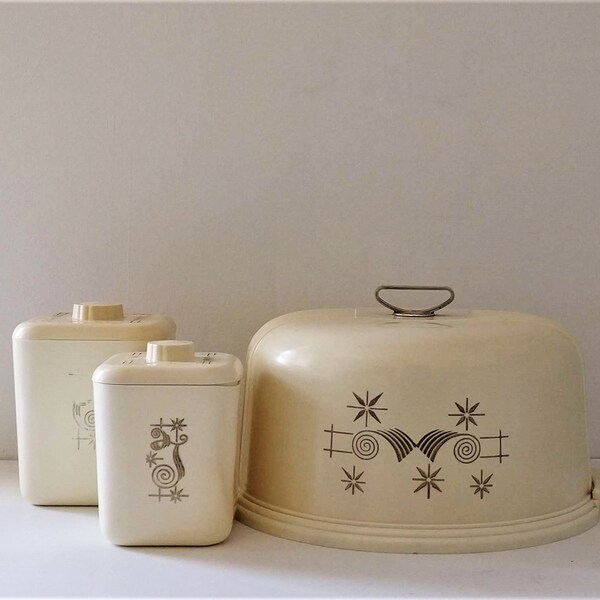 Vintage Lustro-Ware set of 3: Locking Cake Cover Carrier, Tea and Coffee Canisters - shabby chic, retro kitchen - off white with gold detail