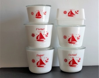 Vintage McKee white milk glass kitchen collection:Cereal,Flour & Sugar canisters,bowls with lids,butter dish,storage containers-red sailboat