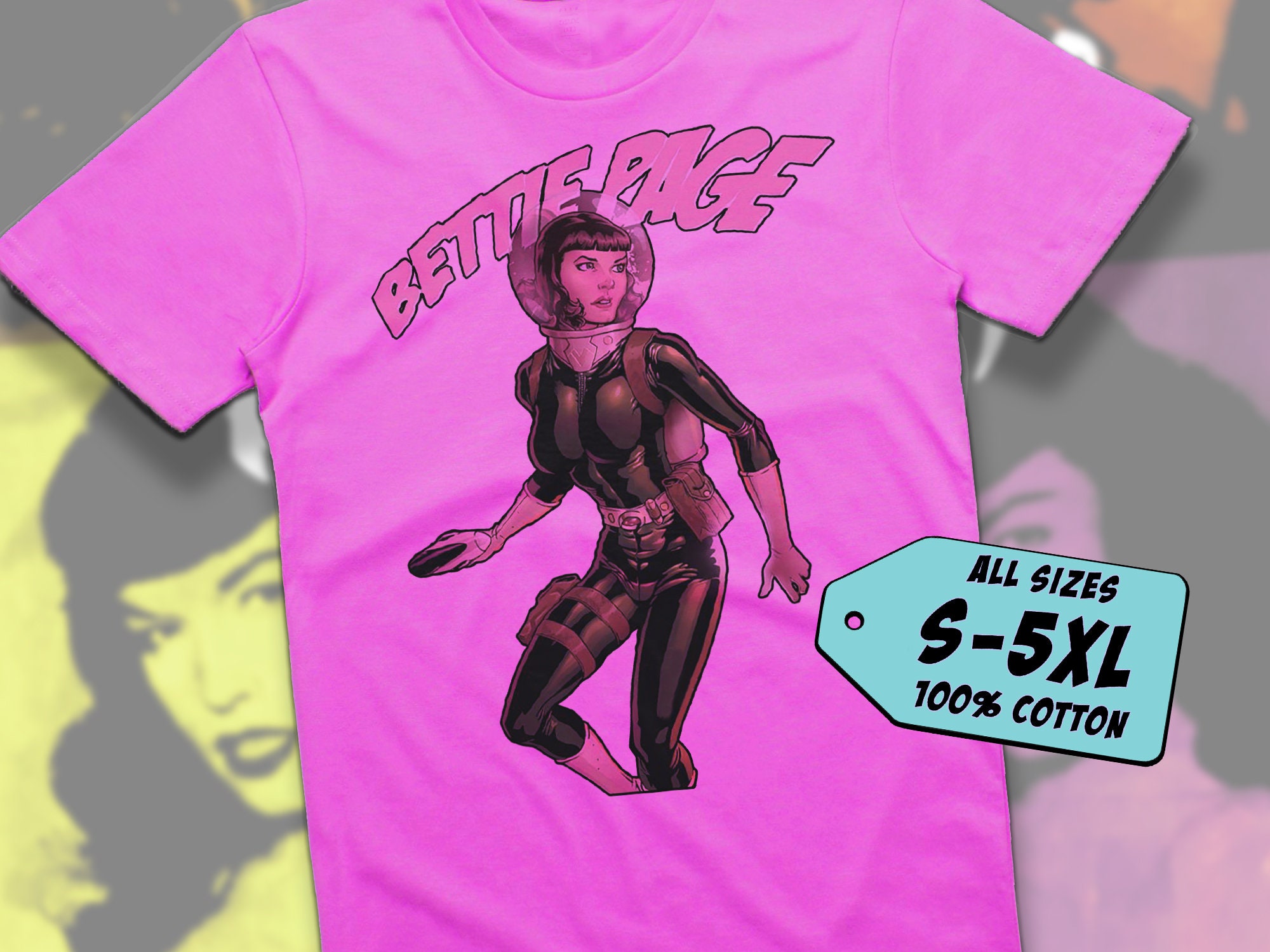 Bettie Page V7 Tshirt Vintage Fuchsia Pink Color Tshirt DTG