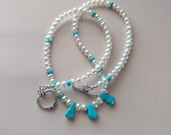 Freshwater Pearls and Nacozari Turquoise Necklace - Accented with Turquoise Teardrop Beads - Southwest Style - 18 1/2 inches