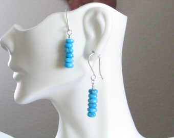 Blue Kingman Turquoise Dangle Earrings - 1 1/2" Total - Dangles are 1" - 6mm Rondelle Shape Beads - Sterling Silver Handmade Ear Wires