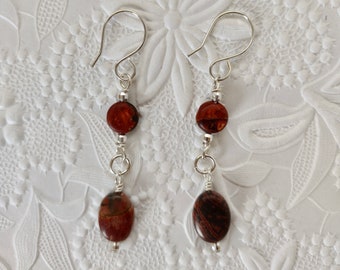 Red Creek Jasper Long Dangle Earrings on Sterling Silver - Reddish Brown - Handmade Sterling Silver Earwires