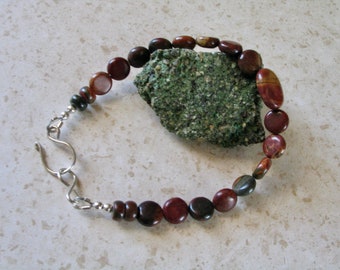 Red Creek Jasper Bracelet - 8mm Round Flats and a 16mm Oval Focal - Large Size 8 inches Long - Sterling Silver Fastener