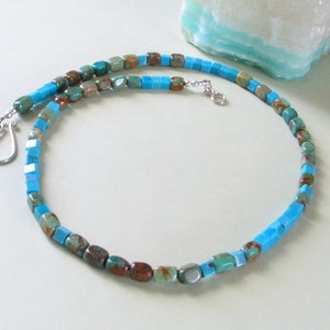 Blue Kingman Turquoise and Green Mexican Turquoise Necklace - 4mm Blue Cube Beads and 5x7mm Green Rectangular Beads - 18 1/2 inches