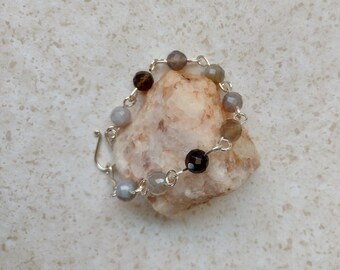 Botswana Agate Bracelet - Round 8mm Faceted Botswana Agate Beads and Handmade Sterling Silver Links - 7 1/4"